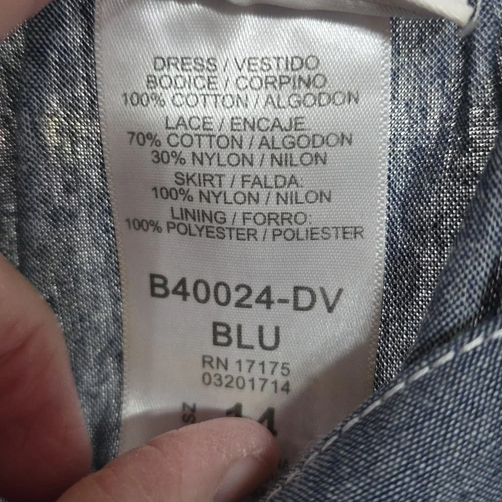 Bonnie‎ Jean Girls Chambray Denim Dress White Tulle Lace Ties Sz 14 EUC